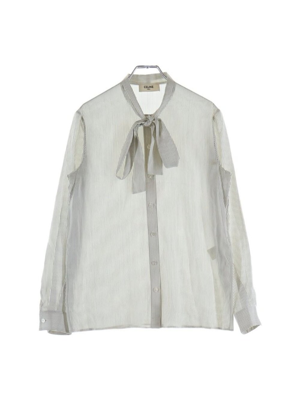 Celine Poplin Striped Silk Bowtie Long Sleeve Shirt Blouse White